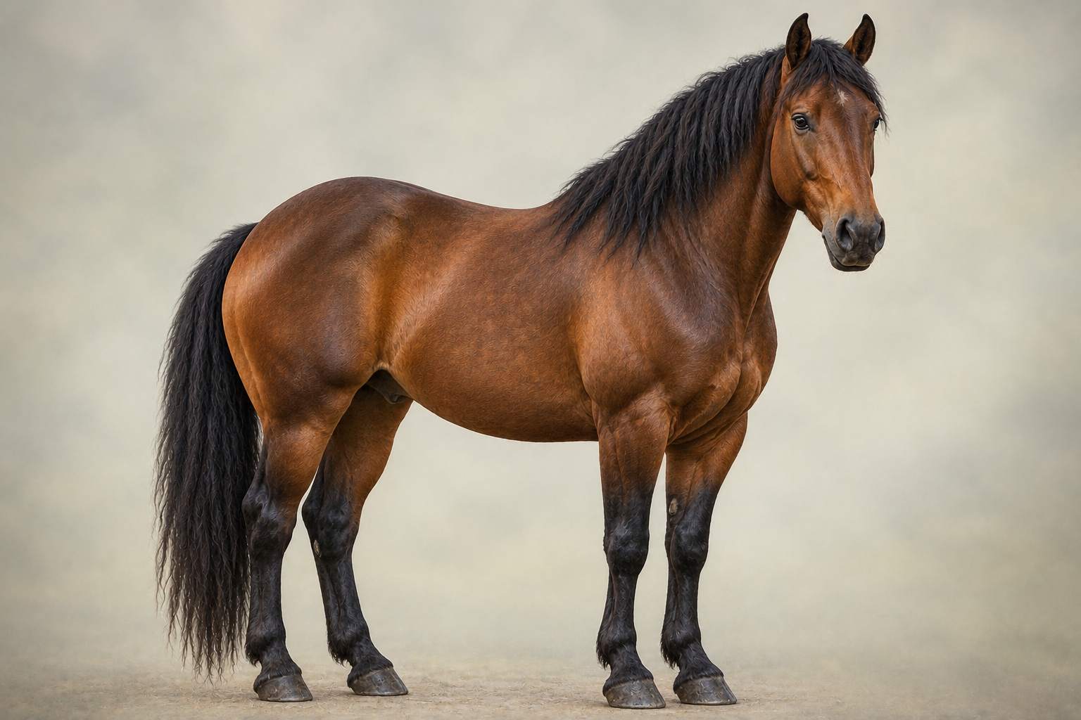 Full-body illustration of a bay horse standing with ears forward, facing slightly right.