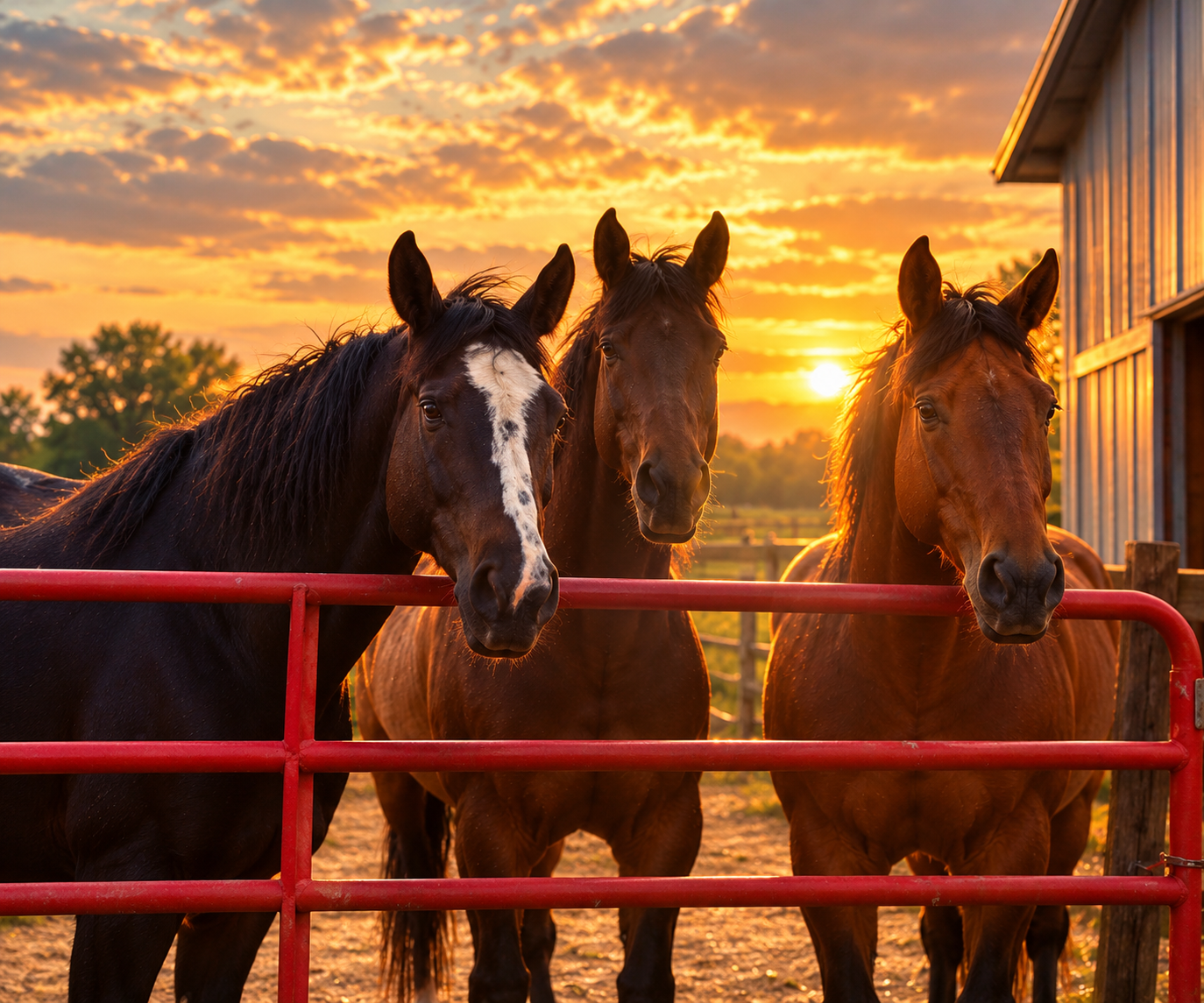 Three Celtic Medicine Horses standing behind a red gate at sunset, representing the Horse Archetype Quiz